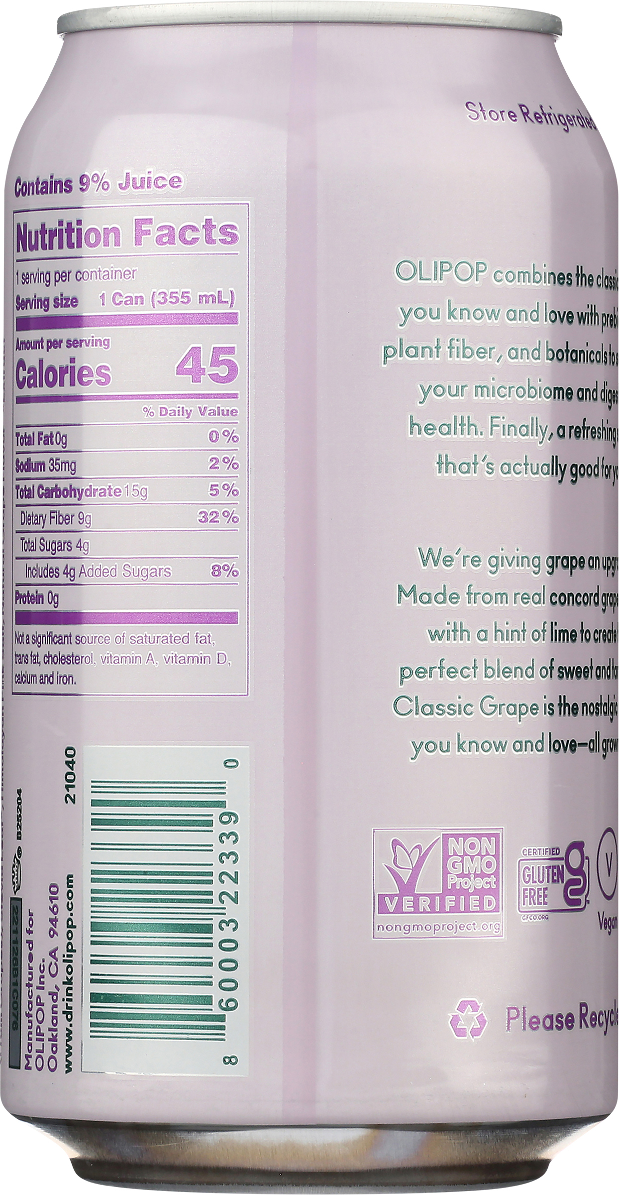 Olipop Prebiotic Soda Pop, Classic Grape, High Fiber, 12 fl oz 12 Pack