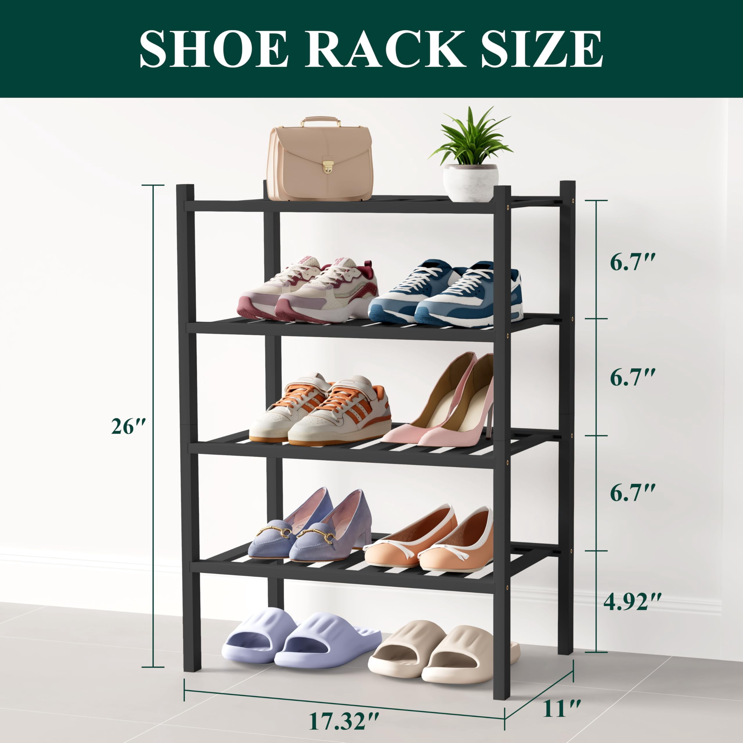 decorUhome Bamboo 4 Tier Small Shoe Rack for Closet, Shoe Storage Organizer, Wood Shoe Shelf for Entryway, Black
