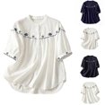 thumbnail image 1 of Neewe Embroidered Blouse Round-Neck Short Sleeve Button Down Shirt Casual Boho Style for Spring Summer, 1 of 5