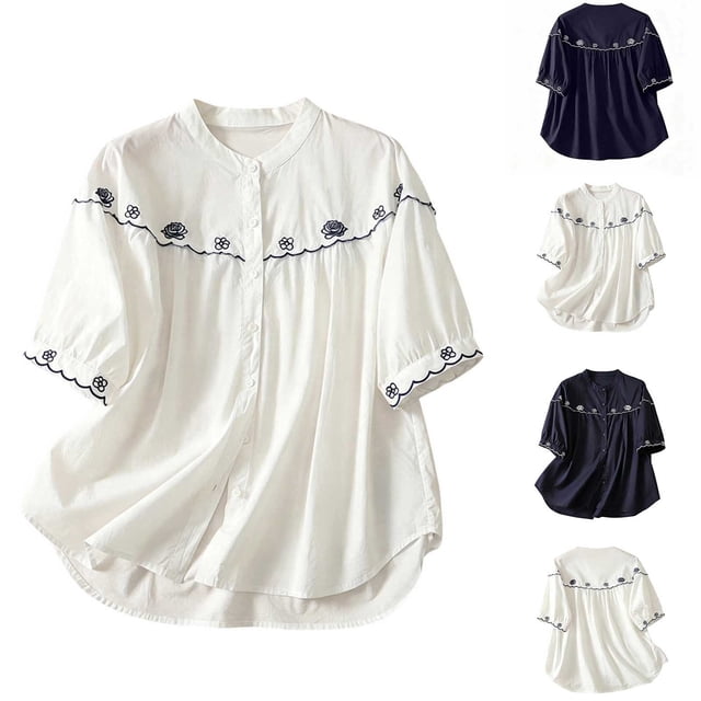 Neewe Embroidered Blouse Round-Neck Short Sleeve Button Down Shirt Casual Boho Style for Spring Summer