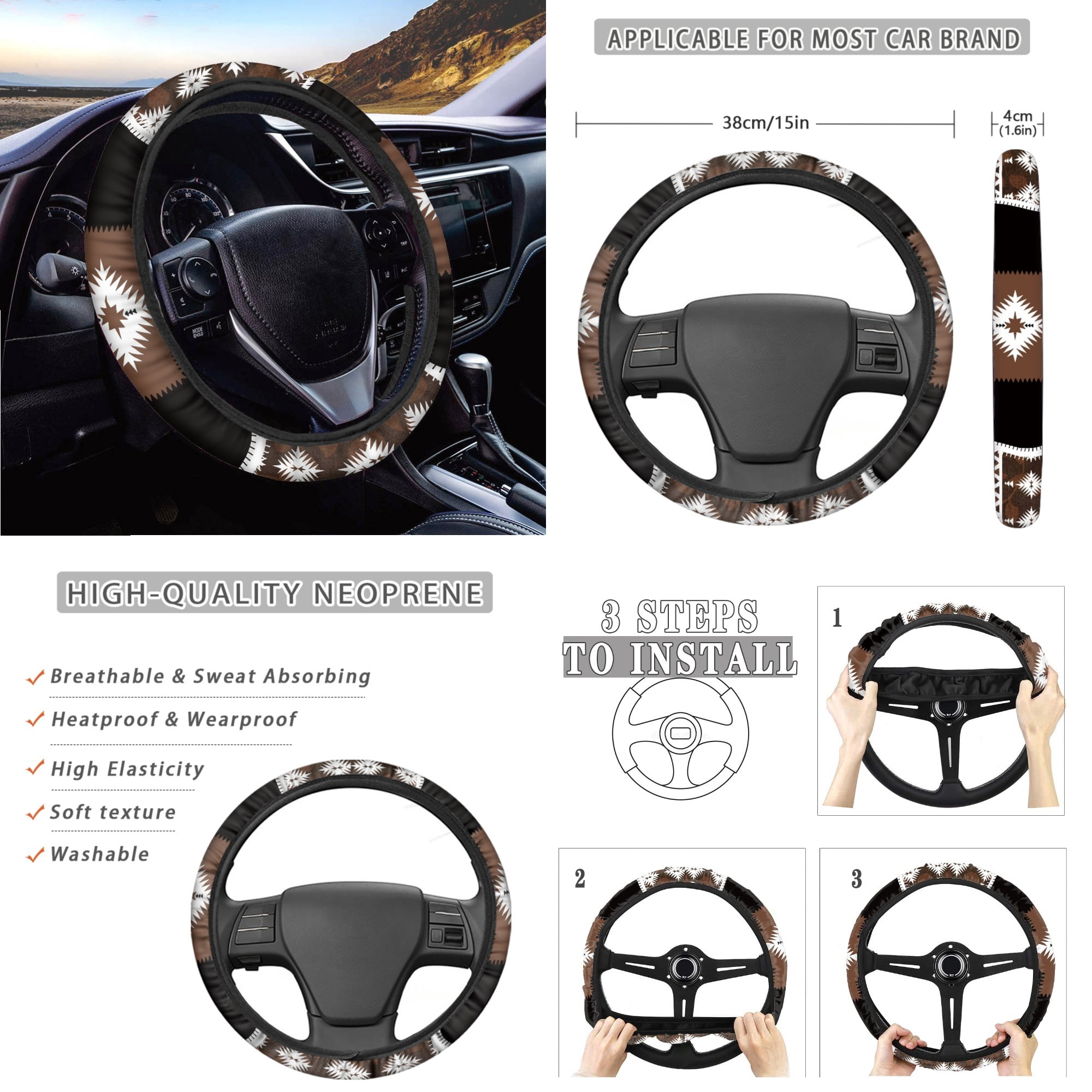 Yuyamidu Aztec Ethnic Gemoetric Car Seat Covers Set 14 Pcs Auto Seat Protector with Steering Wheel Cover Seat Belt Pads Garbage Bag Armrest Cover Handbrake Cover Set Rear View Mirror Cover Coasters
