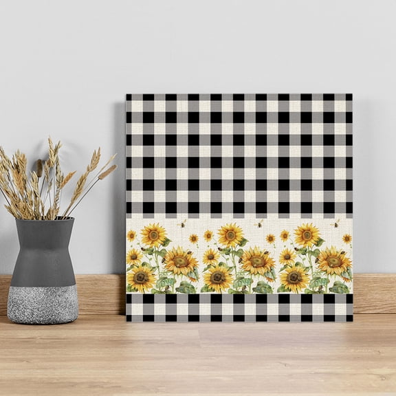 Sunflower Wall Art Painting on Canvas, Retro Buffalo Plaid Black White Country Bee Canvas Art Home Prints Wall Art Framed Modern Artwork for Living Room Bedroom Wall Decor 12x12in