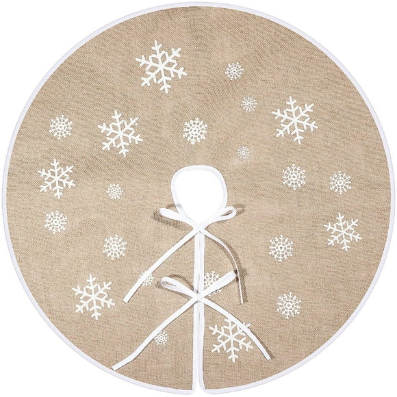 Christmas Tree Skirt White Snowflake Printed Burlap Tree Skirts Tree Base Cover for Christmas Xmas Holiday Decorations (80cm)