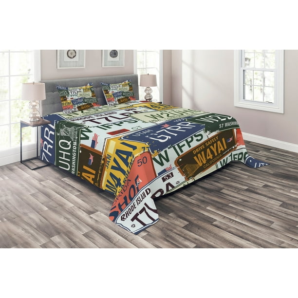 Vintage Coverlet Set King Size Original Retro Style License Plates Personalized Creative Travel Vacation Quilted 3 Piece Decor Bedspread With 2 Pillow Shams Green Blue Yellow By Ambesonne Com Vintage Coverlet Set King Size, Retro King Bedspread