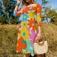 thumbnail image 4 of Colorful Happy Flower Art Print Sweetheart Knot Flared Dress Fashion Design Large Size Loose Dress Spring Summer Women Dress, 4 of 9
