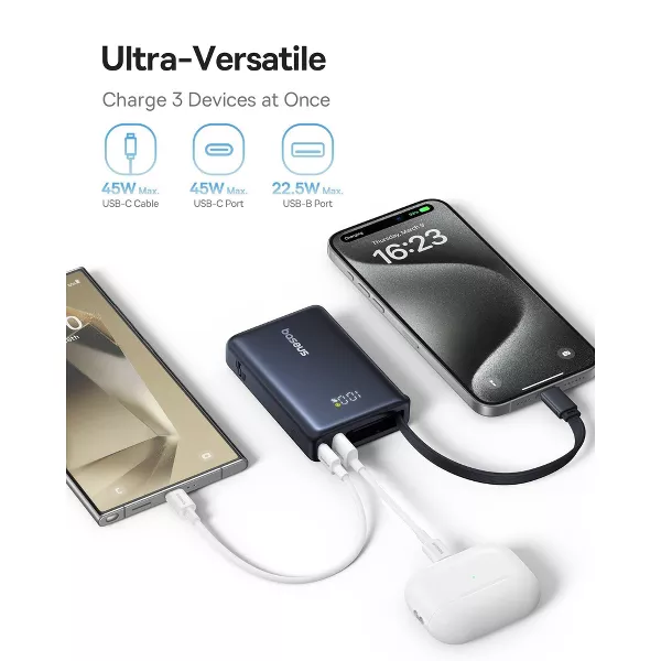 Baseus 10000mAh Power Bank,45W Portable Charger with Built-in USB-C Cable 3-Output LED Display, Fast Charging External Battery Pack Picogo Powerbank, Black