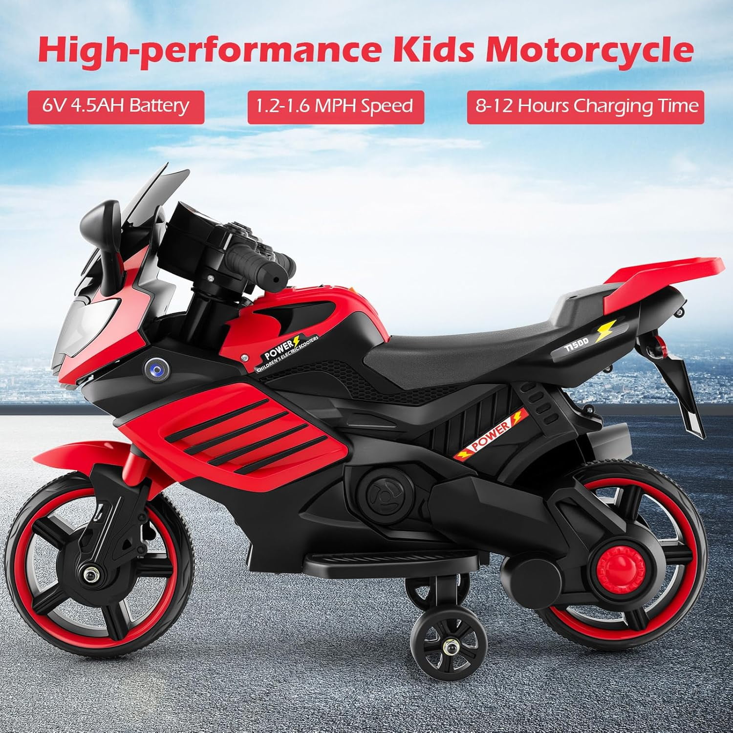 OLAKIDS 6V Kids Motorcycle with Training Wheels, Horn, Music, Headlight for Boys Girls Aged 3+ Years
