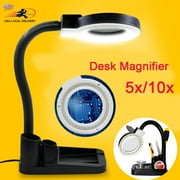 Stand Magnifier Glass 5X 10X Illuminated Lighting Adjustable Table Lamp, LED Energy-saving Light Built-in Magnifying Glass for Low Vision Aid Reading, Jewelery Loupe