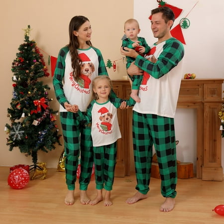 

Christmas Matching Family Pajamas Sets Dog Merry Christmas Printed Green Plaid Sleeve Tops and Pants Sleepwear 2Pcs Sets