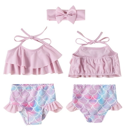 

AJZIOJIRO Baby Toddler Girl Swimsuits Infant Girl Bathing Suit Bikini Sets Swimwear 3 Piece Summer Beach Outfit Top Shorts Bow-Tie Hairband