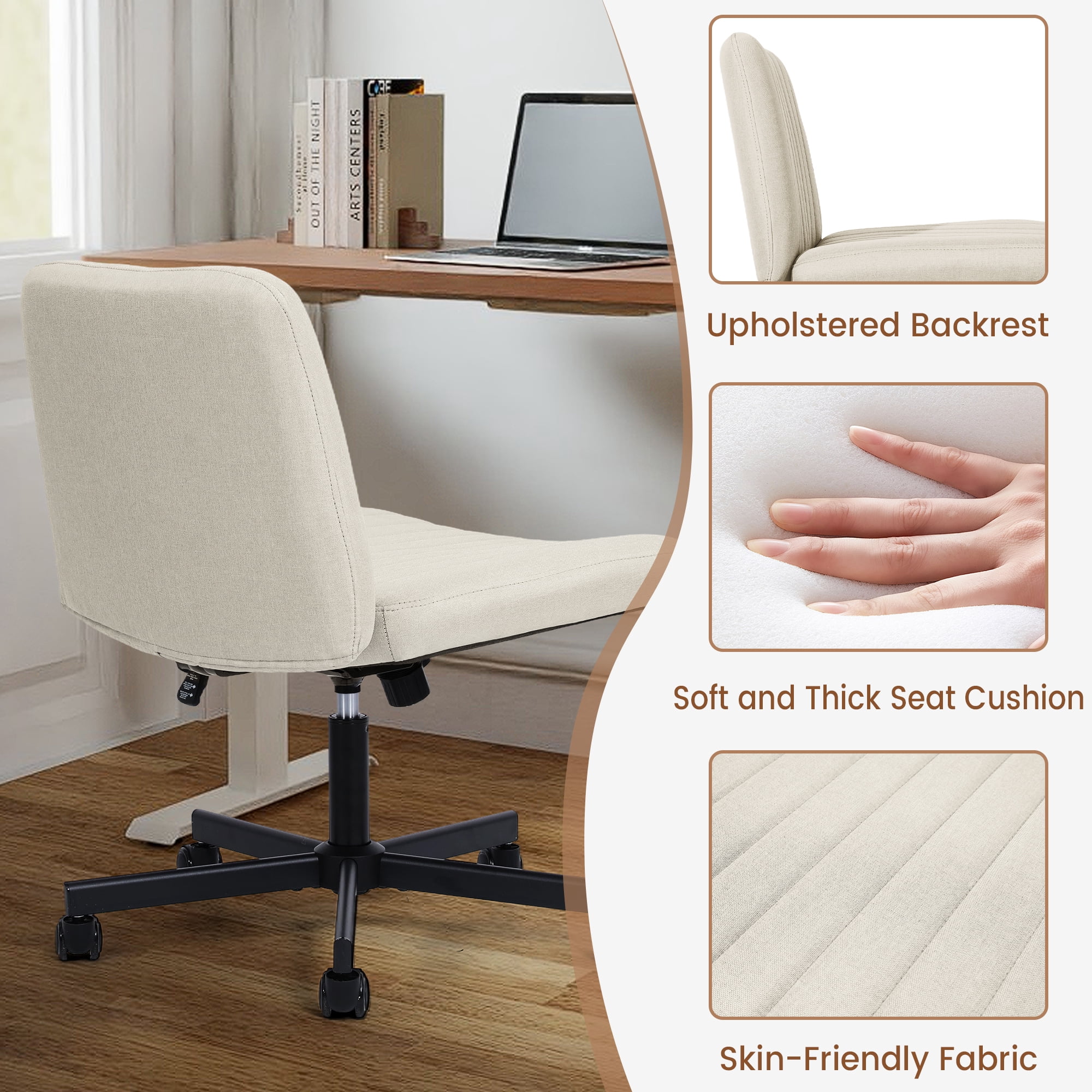 TUAREX Criss Cross Rolling Chair, Wide Seat Armless Office Chair with Wheels, Plus Size Comfort for Desk, Vanity or Bedroom, Beige