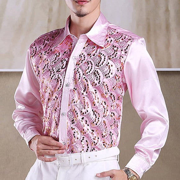 pstuiky Camisas casuales de manga larga para hombre, Camisa de solapa de manga larga con lentejuelas de color liso para hombre Tops casuales para hombres xl