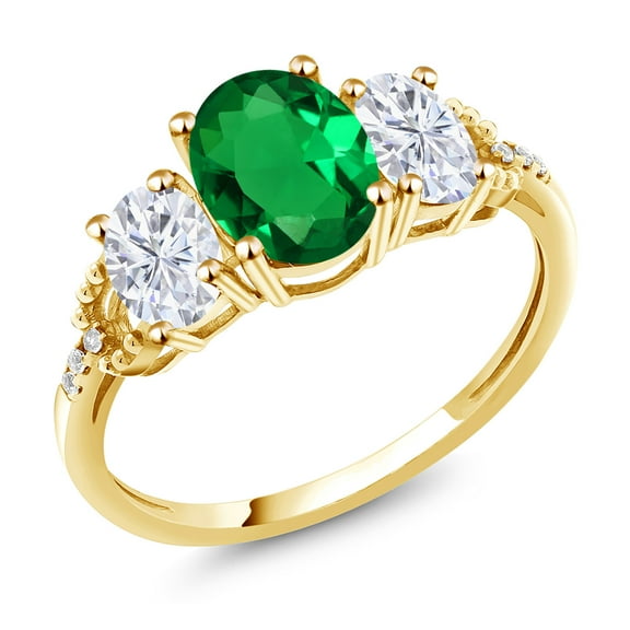 Gem Stone King 10K Yellow Gold Green Simulated Emerald White Moissanite and Diamond Accent 3-Stone Ring for Women | 1.79 Cttw | Oval 8X6MM and 6X4MM | Wedding Engagement Anniversary Ring
