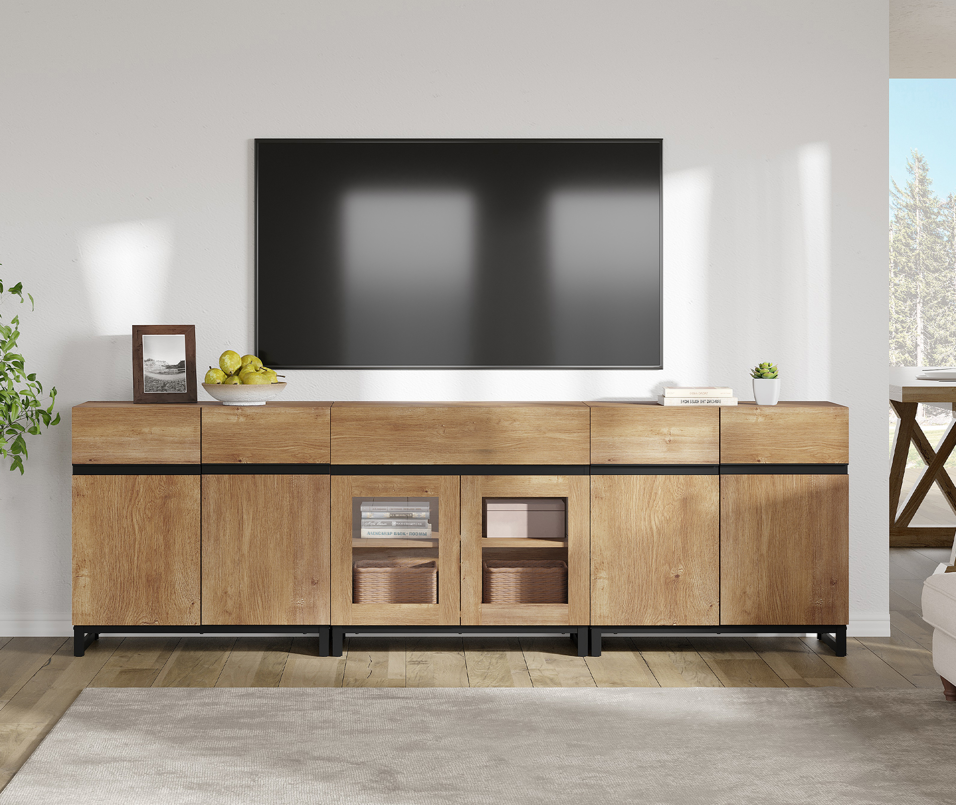 WAMPAT 3-in-1 Modern Entertainment Center TV Stand for TVs up to 100 Inch, with Metal Base & 2 Adjustable Shelves, Living Room TV Console, Oak