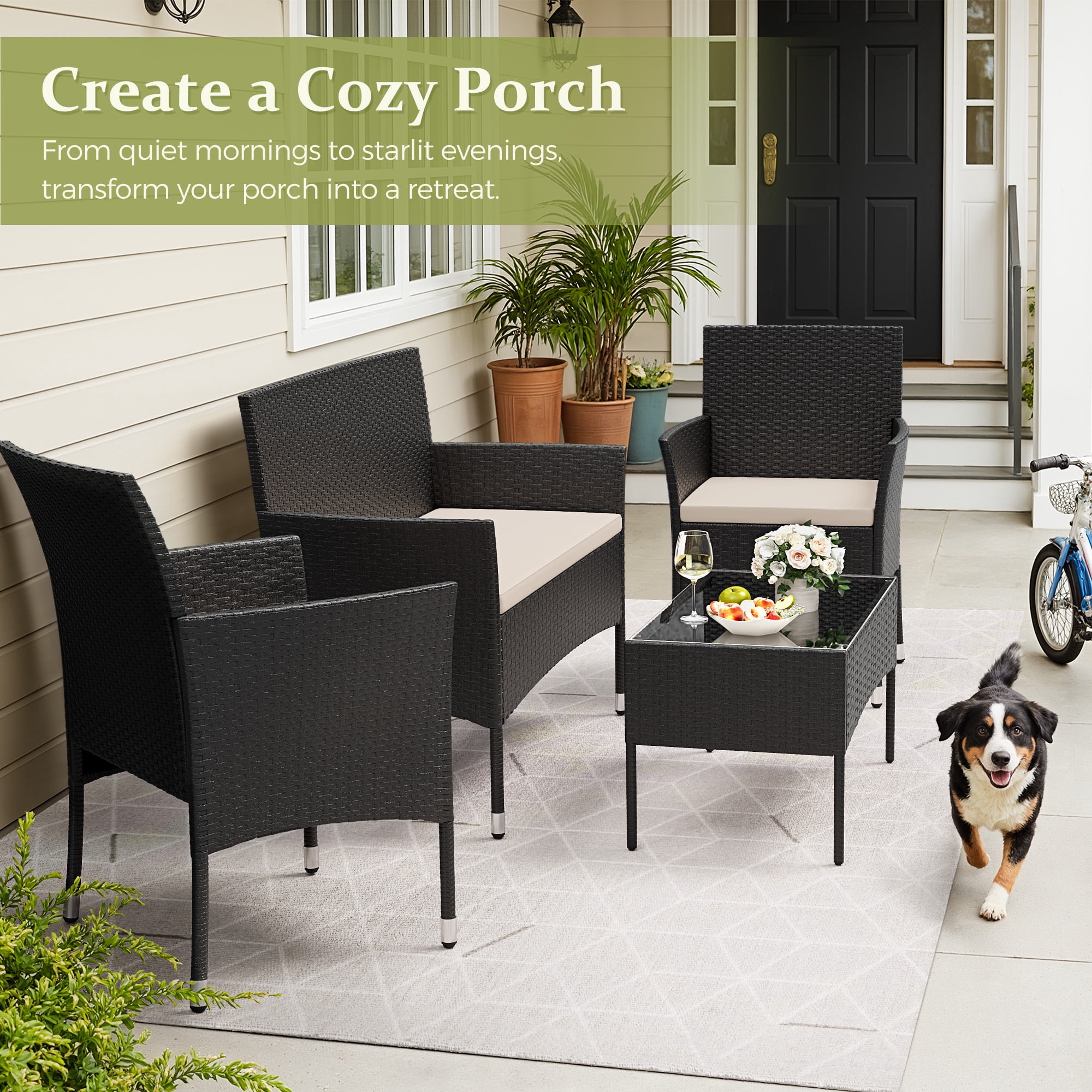 Homall 4 Pieces Patio Conversation Set Outdoor Furniture Rattan Chairs Wicker Seating with Cushion and Table Weather-resistant for Porch Garden Backyard, Black /Beige