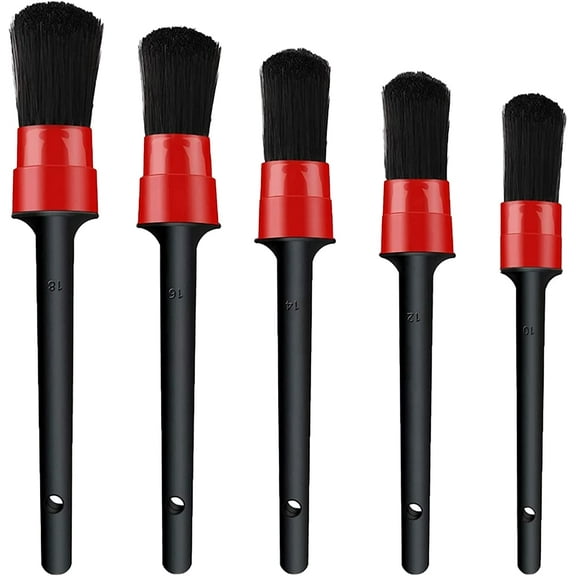 5Pcs Auto Car Detailing Brush Set, Premium Natural Boar Hair Mixed Fiber Plastic Handle Car Cleaning Detailing Brushes Kit for Cleaning Wheels, Engine, Leather, Air Vents, Emblems