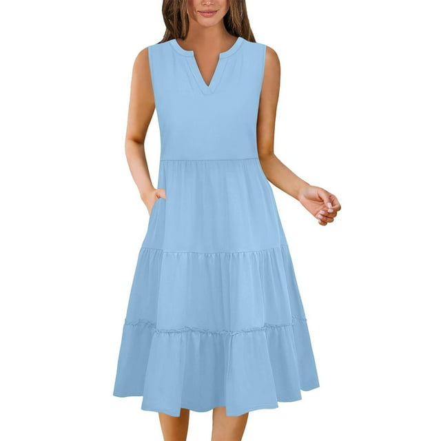 Hauts pour Femmes Printemps Automne Vêtements Amples Hauts Solides Aguichant Col en V Sans Manches Robes Poches Confortables Boho Midi Robe de Soleil Vacances de Printemps Voyage Plage Vêtements Grande Taille pour Femmes