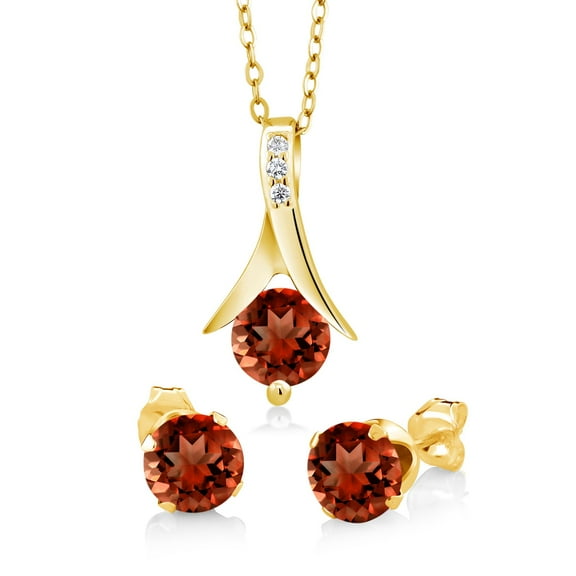 Gem Stone King 18K Yellow Gold Plated Silver Pendant and Earrings Jewelry Set Round Garnet 2.25 cttw 18 inchesChain