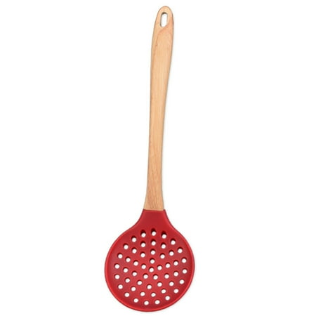 

Silicone Skimmer Wood Handle Heat Resistant Slotted Spoon Food Serving Ladle Frying Strainer Kitchen Utensil for Home Restaurant