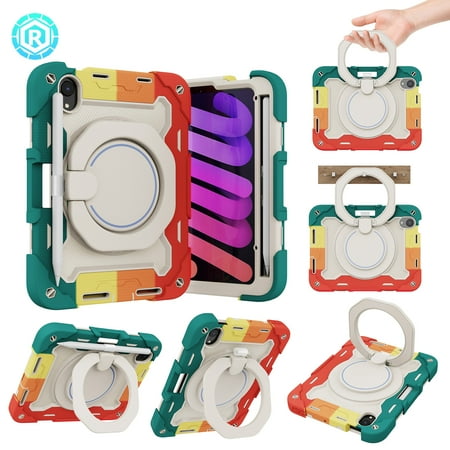 K-Lion for iPad Mini 6th Gen 8.3 inch 2021 Heavy Duty Rugged Case, 3 Layers Multi-Functional Ring Bracket Pencil Holder Kickstand Shockproof Armor Silicone Case,Rainbow Red