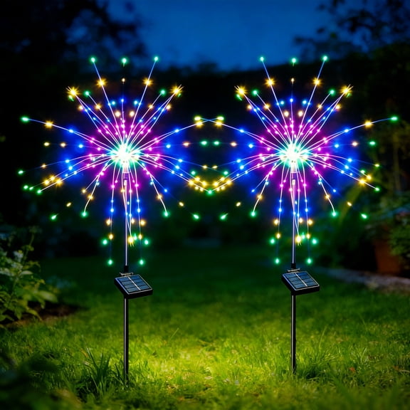 2 Pack Solar Outdoor LED Firework Lights – 120 LED Multicolor Waterproof Lights, Color Changing Solar Lights for 4th of July & Party, for Yard, Patio, Porch & Pathway