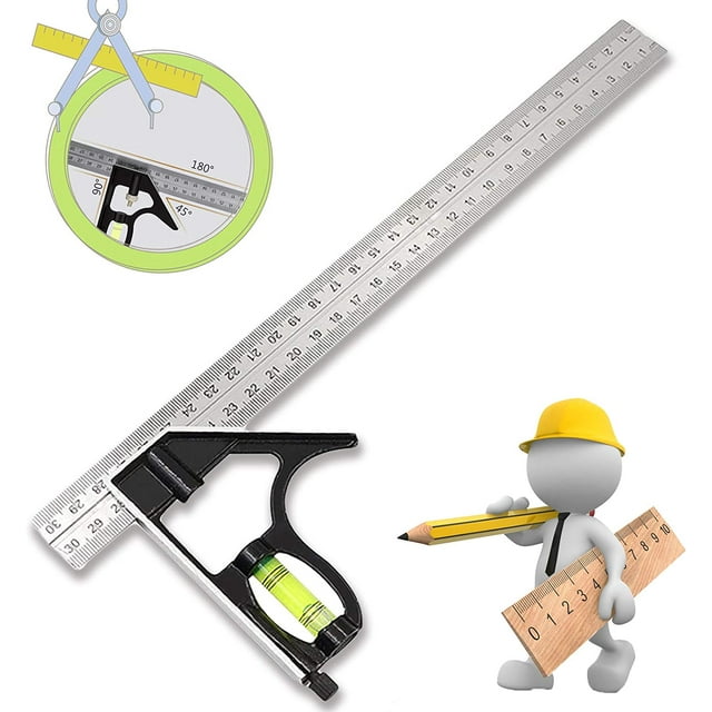 Équerre Combinée Combination Square Règle d'angle de Combinaison Réglable Carré d'angle Inoxydable avec Niveau Bulle - Outil de Mesure Professionnel, pour Ingénieur Carpenter