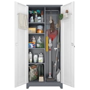 72.8H Broom Closet Cabinet, Locking Storage Cabinet,Garage Storage Cabinet with Doors and Shelves,Tall Broom Tool Organizer,Cleaning Tool Cabinet with Hooks for Utility Room