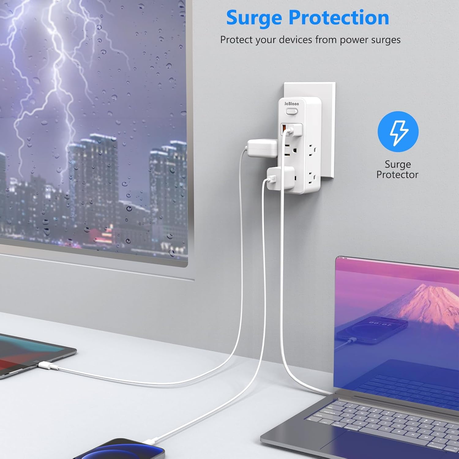 JcBlaon Power Strip Surge Protector Adapter, 6 AC Outlets 3 USB Ports Outlet Extender, White
