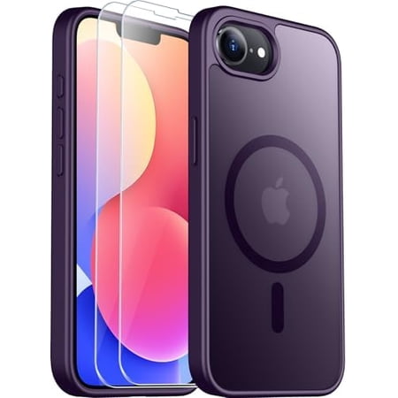 KOMI Designed for iPhone 16e Case, Magnetic Translucent with 2PCS Tempered Glass Screen Protector Anti-Fingerprint Anti-Scratch Phone Case for iPhone 16E/SE4 2025, Purple