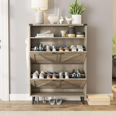 Zzistar Shoe Cabinet with 2 Flip Drawers, Shoe Storage Rack with Metal Legs and Adjustable Shelf, Freestanding Tipping Shoe Dresser for Front Door Entrance, Gray