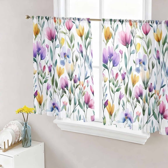 Sheer Curtains 54 Inch Length 2 Panels Set for Kitchen, Pueple Pink Flower Semi Sheer Curtains for Windows, Pastoral Pastel Pink Boho Floral Leaf Voile Window Treatments Rod Pocket Curtain