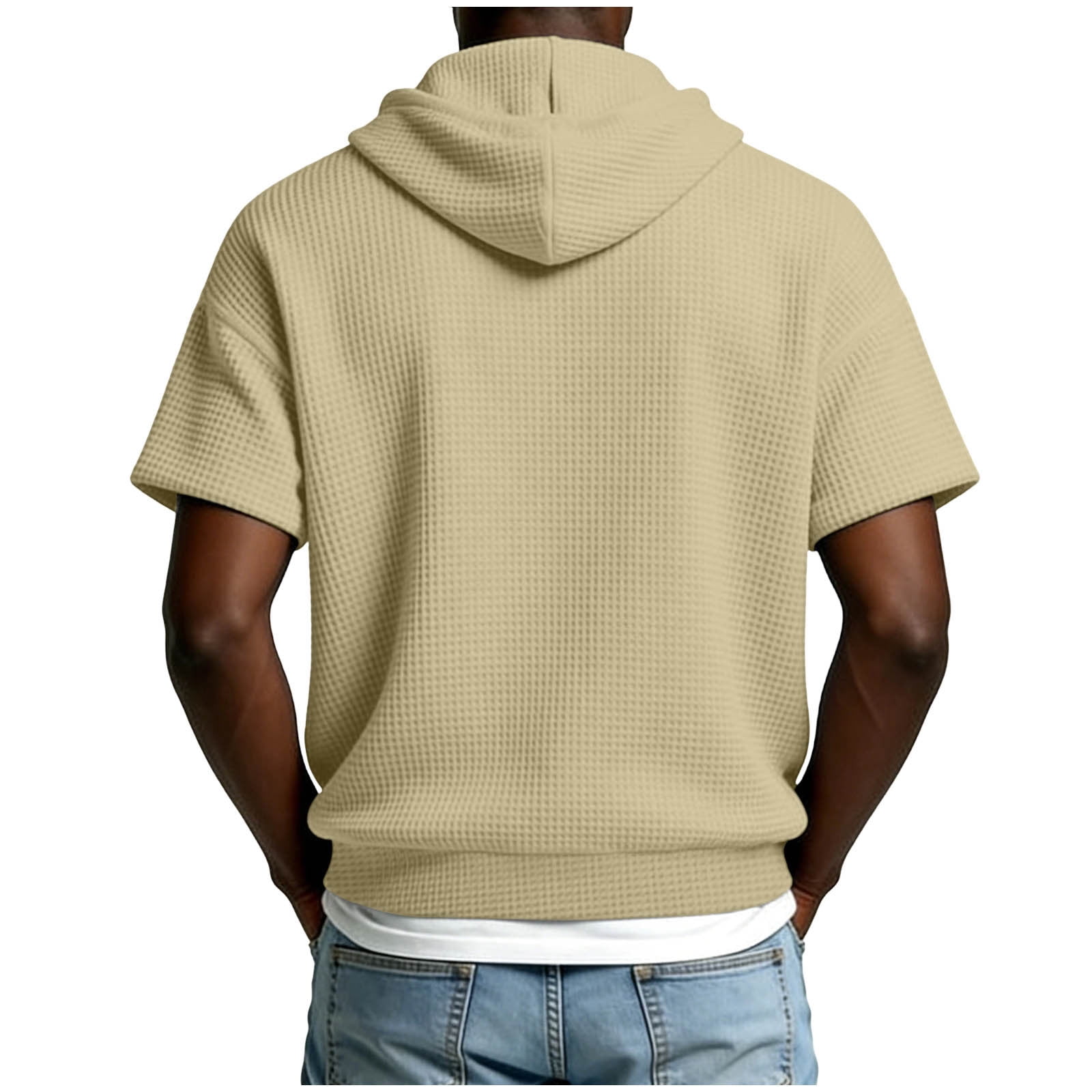 KIHOUT Men's Solid Color Waffle Texture Short Sleeve Hoodie Half