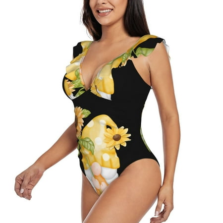 Salouo Sunflower Gnomes 3 for Women s Sexy One Piece Swimsuits Ruffle Tummy Control Bathing Suit Slimming Swimwear
