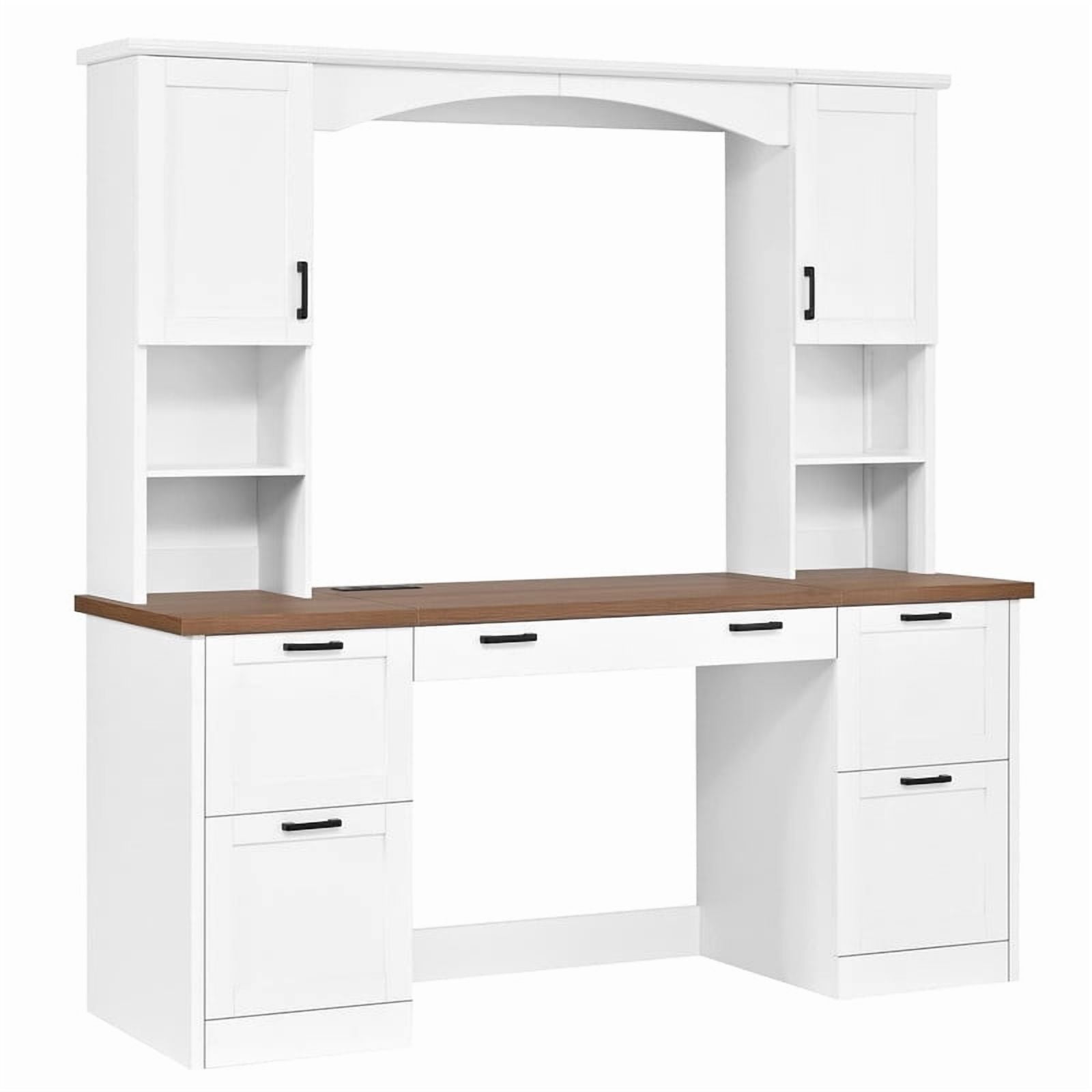 Farmhouse Arched Computer Desk with Hutch, Home Office Desk with Charging Station & Keyboard Tray, All-in-One Writing Desk with File Drawers for Study, Office