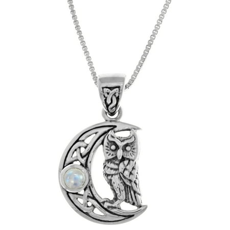 - Sterling Silver Celtic Crescent Moon and Owl Pendant with Rainbow Moonstone on 18 Inch Box Chain Necklace