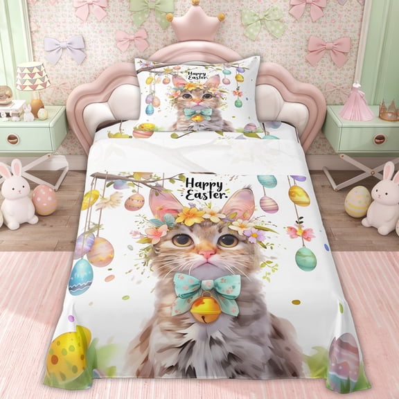 Erosebridal Flower Bow Cat Girls Twin Sheet Sets, Happy Easter Eggs Bedding, 3 Pieces