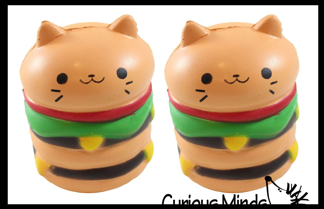 SET OF 2 Burger Cat Squishy Slow Rise Foam Junk Food - Scented Sensory, Stress, Fidget Toy