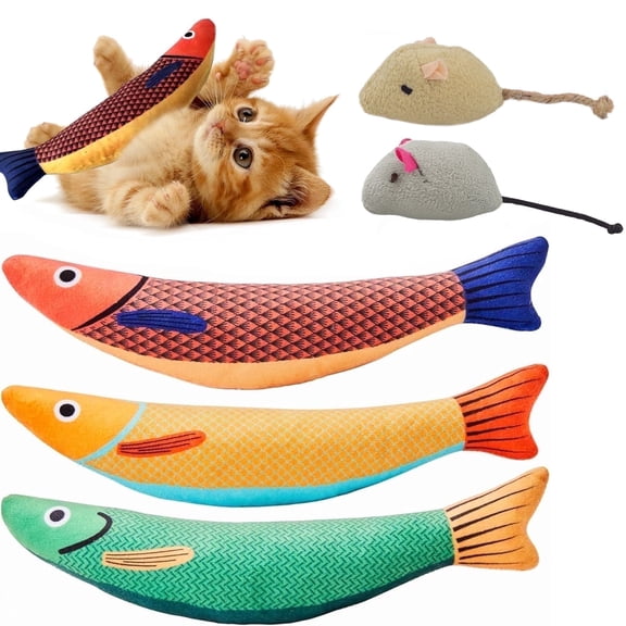 jQMUHLC 3 Pack Saury Fish Cat Toys with 2 Pcs Mice,Cat Kicker Toys Catnip Crinkle Sound,Soft Durable Interactive for Indoor Kittens