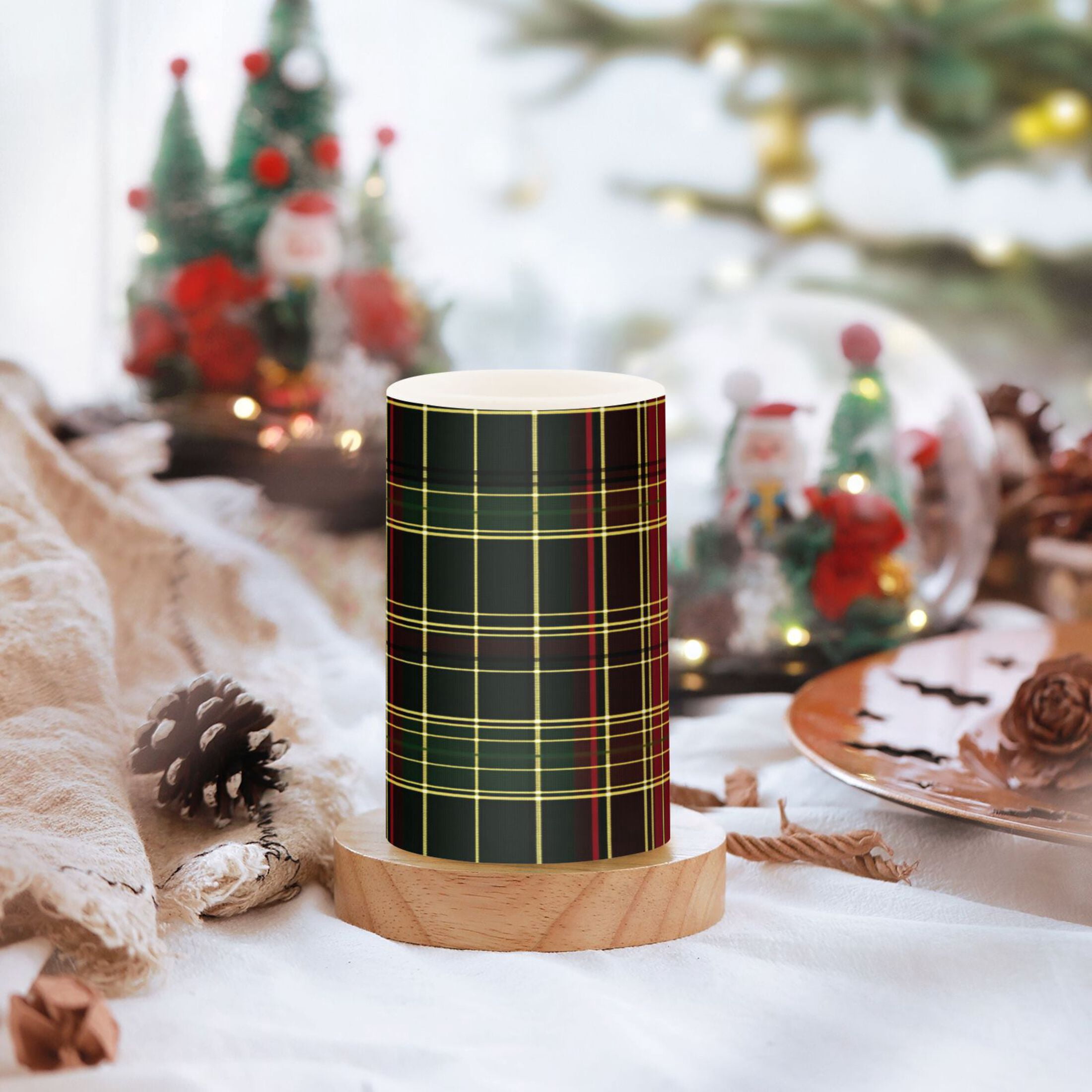 2 PCS Flameless Candles with Remote Timer LED Battery Operated Flickering Candle Light for Wedding Table Home Decoration Gifts Red and Green Tartan Plaid