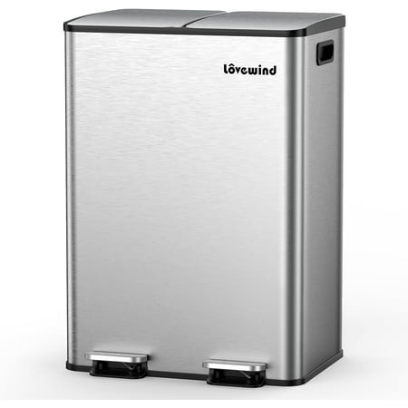 Kitchen Trash Can, 2 x 8 Gallon (2 x 30 L) Garbage Can for Kitchen Dual Compartment Recycling Kitchen Step Trash Bin, Stainless Steel Garbage Can with Soft-Close Lid,Silver