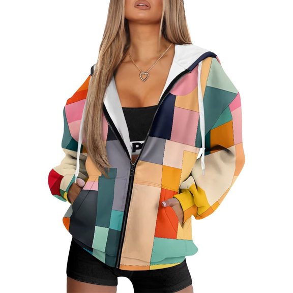 Garronmavis Colorful Checkered Full Zip Up Hoodies for Women Lightweight Comfy Women Oversized Sweatshirts Comfortable Warm Long Sleeve Winter Fall Outfits Fashion Clothes
