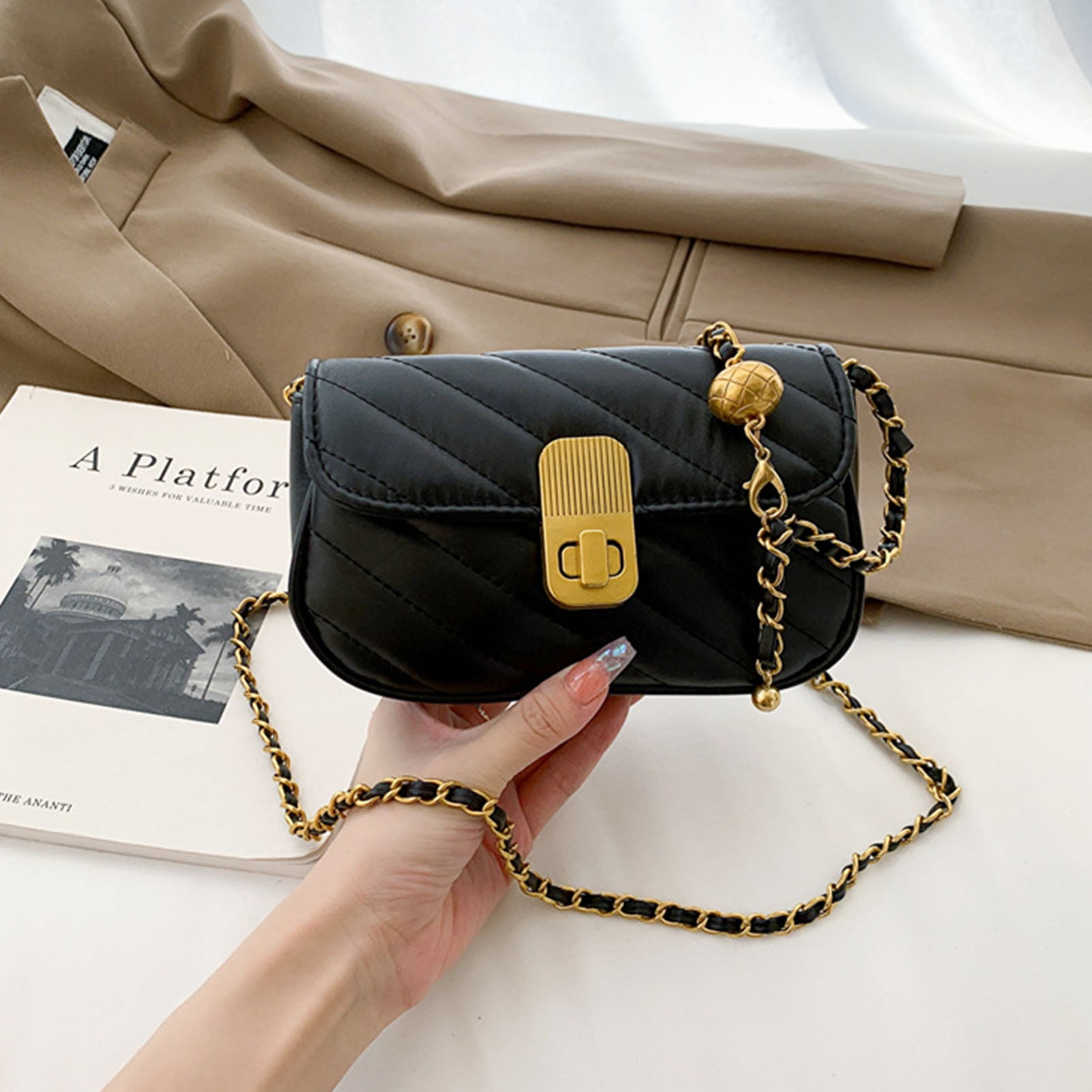 Women Single Shoulder Bag Pure Color Adjust Chain Length Fashionable PU Shoulder Small Bag Black Free Size