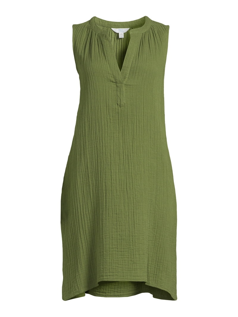 Time & Tru Women's Sleeveless Textured Cotton Dress with Split V-Neck,  Relaxed Fit - Walmart.com