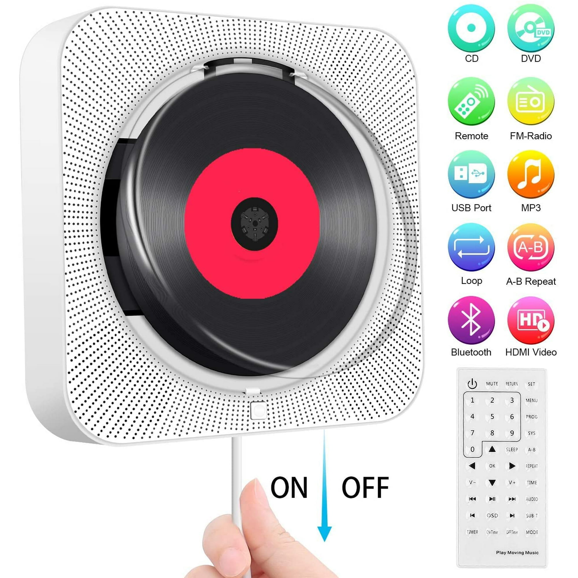 Lecteur CD portable avec Bluetooth, lecteur de musique CD mural Home Audio  avec télécommande Fm Radio haut-parleurs Hifi intégrés, prise casque mp3