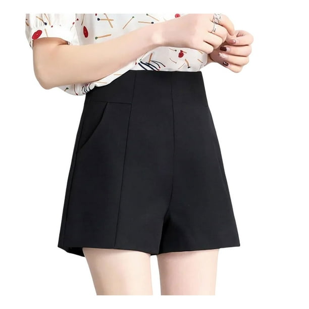 Mujer Primavera Verano alta cintura elegante Color sólido A-line pantalones cortos sueltos traje de pierna ancha pantalones elásticos delgados Prendas para la parte inferior del cuerpo Negro XS Qarigey AP019243-09