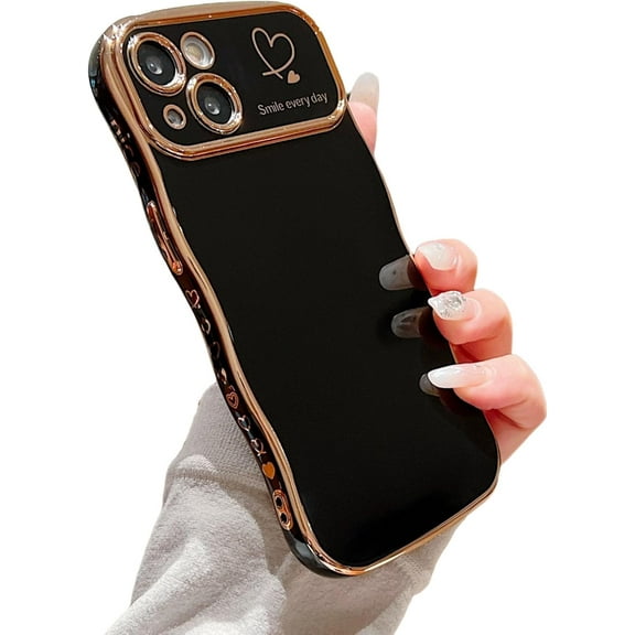 Compatible with iPhone 13 Case for Girls Women,Cute Curly Wavy Grip Design with Love Heart Pattern Case Plating Edge Full Camera Protection Soft Shockproof Phone Case for iPhone 13-Black