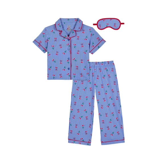 Wonder Nation Girls Short Sleeve Button Front Pajama Top and Pants Set with Eyemask, 3-Piece, Sizes 4-18