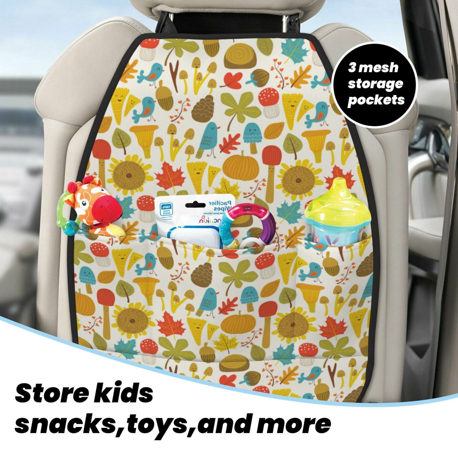 Xecao Forest Mushrooms Pattern Car Seat Back Protector 2 Pack Large Capacity Pocket, Kick Mats Back Seat Protector