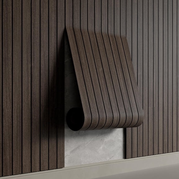 Peel and Stick PVC Slat Wall Panel 236"x15.75" Self-Adhesive Thick Faux Smoked Wood Grain Wallpaper Panel 3D Soundproof Wall Panels for Walls & Ceilings