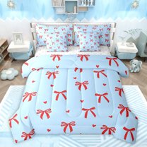 Feelyou Kawaii Bowknot Ribbon Twin Bedding Sets 7-Piece for Girl, Cartoon Blue Red Bedding Comforter Set, Dreamy Princess Style Reversible Sheet Sets, Ultra Soft Bedroom Decor